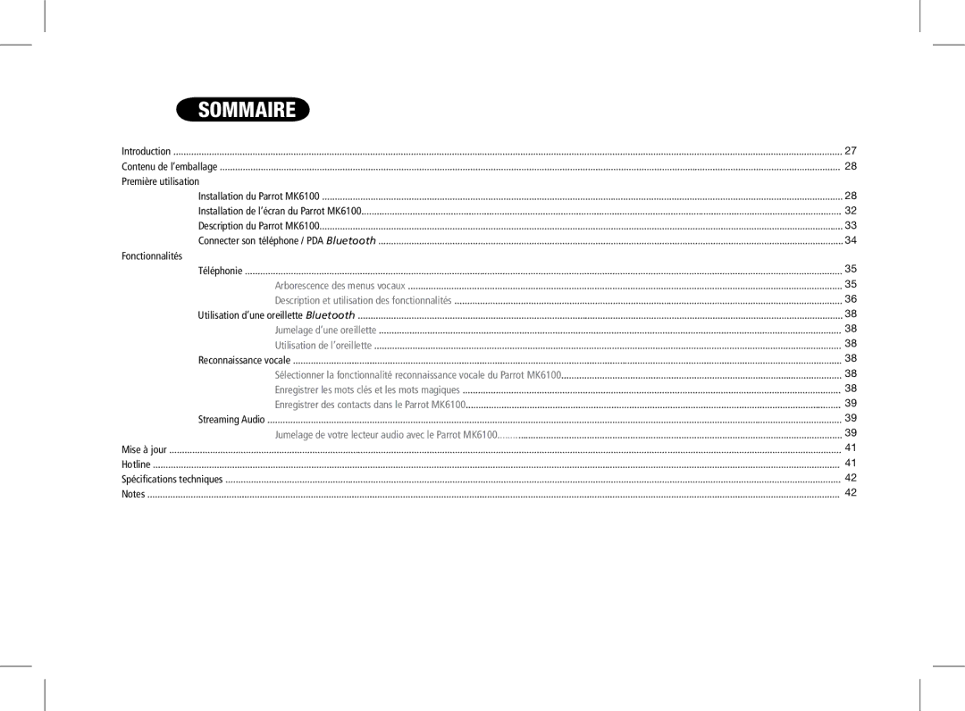 Parrot MK6100 user manual Première utilisation, Fonctionnalités 