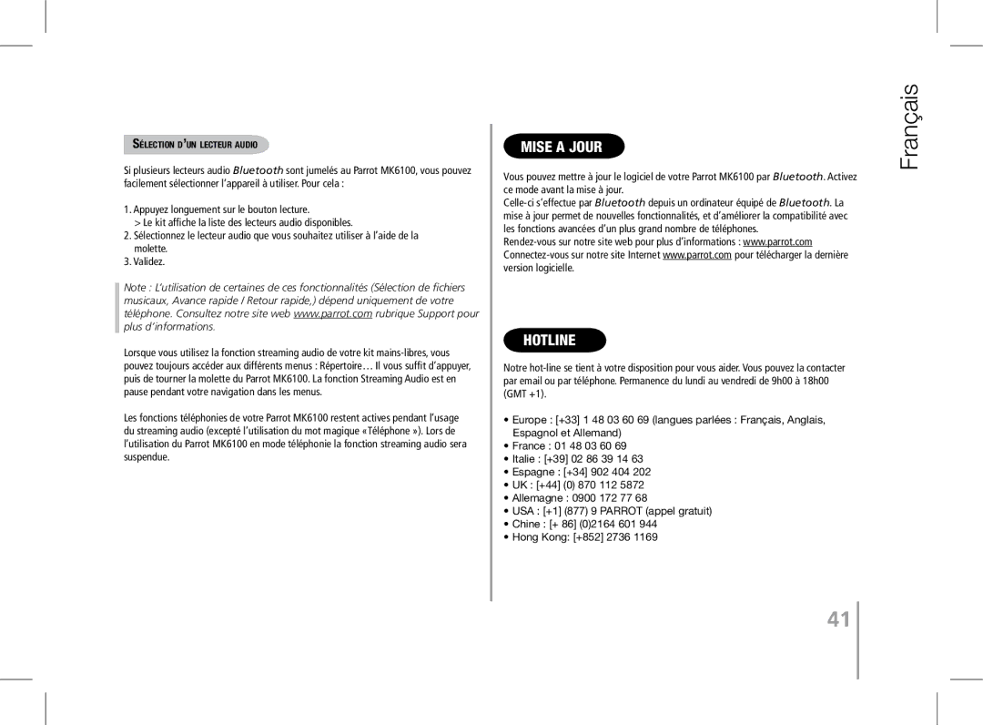 Parrot MK6100 user manual Mise a jour, Sélection d’un lecteur audio 