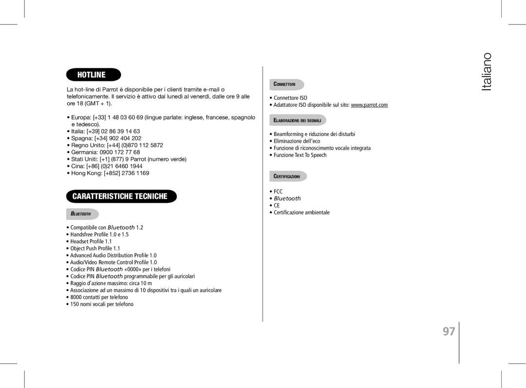 Parrot MK6100 user manual Caratteristiche tecniche, Connettore ISO, Certificazione ambientale 