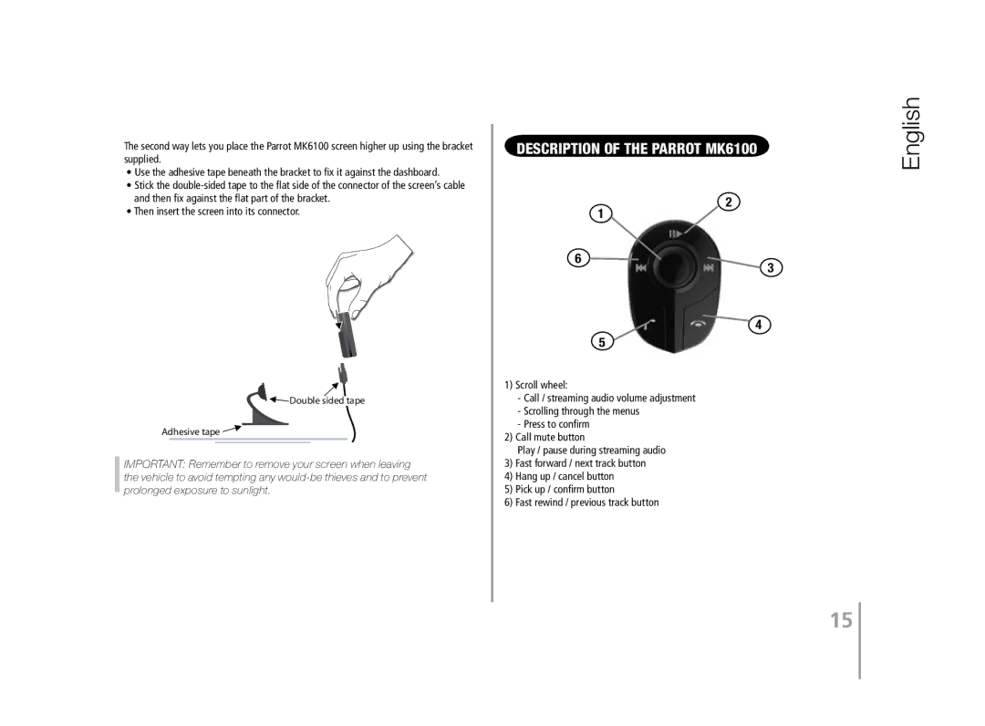 Parrot user manual English, Description of the Parrot MK6100 