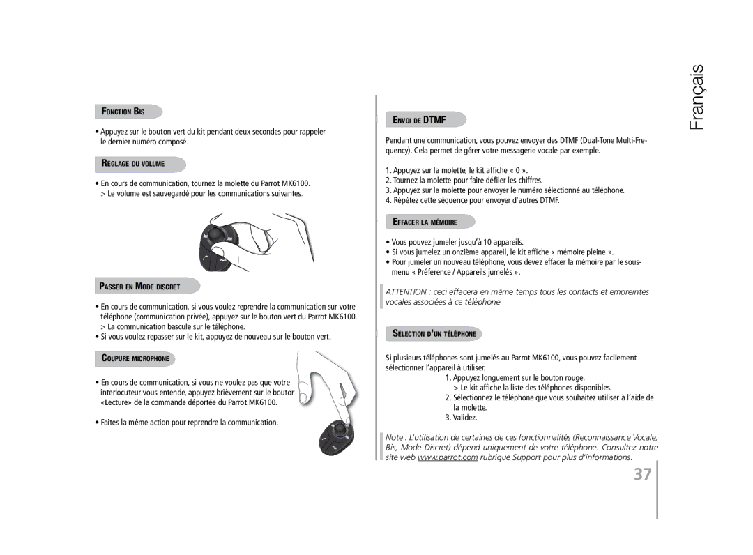 Parrot MK6100 user manual La communication bascule sur le téléphone, Faites la même action pour reprendre la communication 