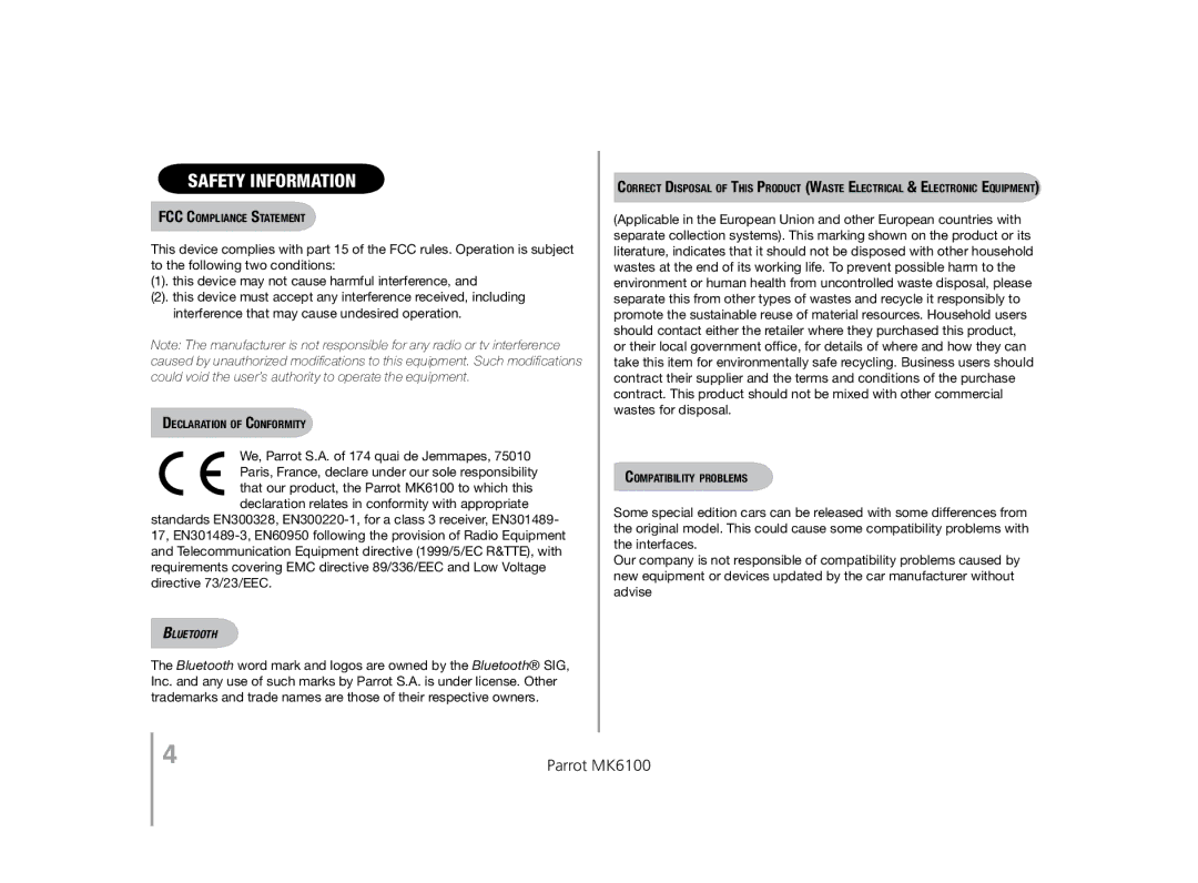 Parrot MK6100 user manual FCC Compliance Statement, Declaration of Conformity, Compatibility problems 