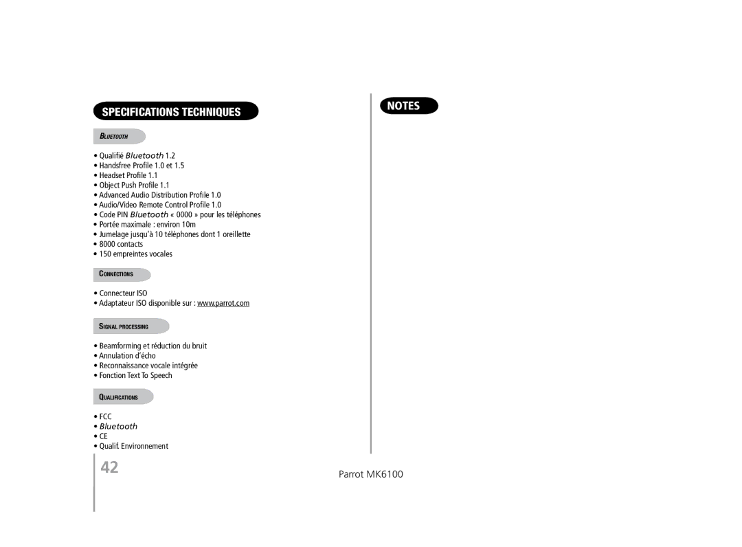 Parrot MK6100 user manual Specifications Techniques, Connecteur ISO, Qualif. Environnement 