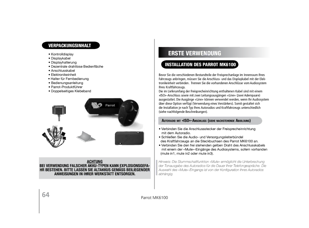 Parrot user manual Verpackungsinhalt, Installation des Parrot MK6100, Mute in1, mute in2 oder mute in3 