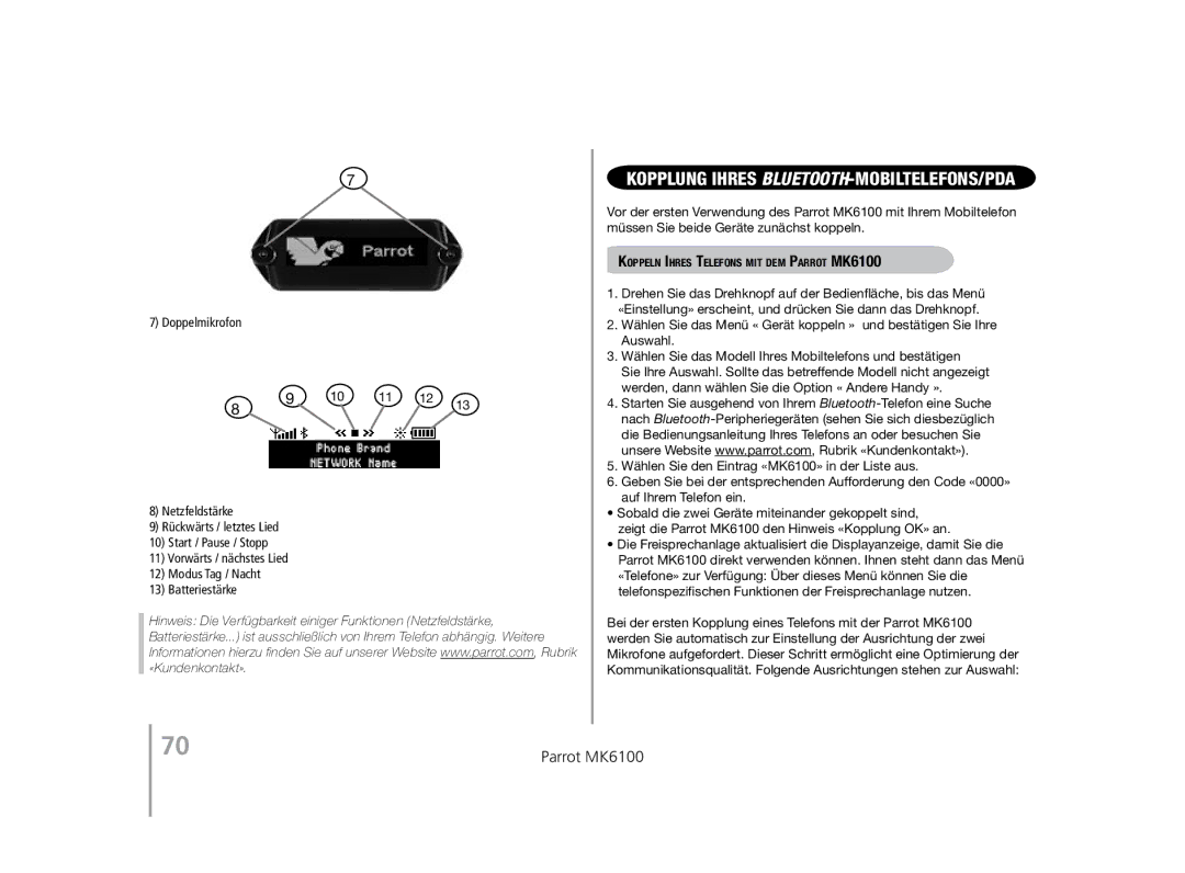 Parrot user manual Kopplung Ihres Bluetooth-Mobiltelefons/PDA, Koppeln Ihres Telefons mit dem Parrot MK6100 