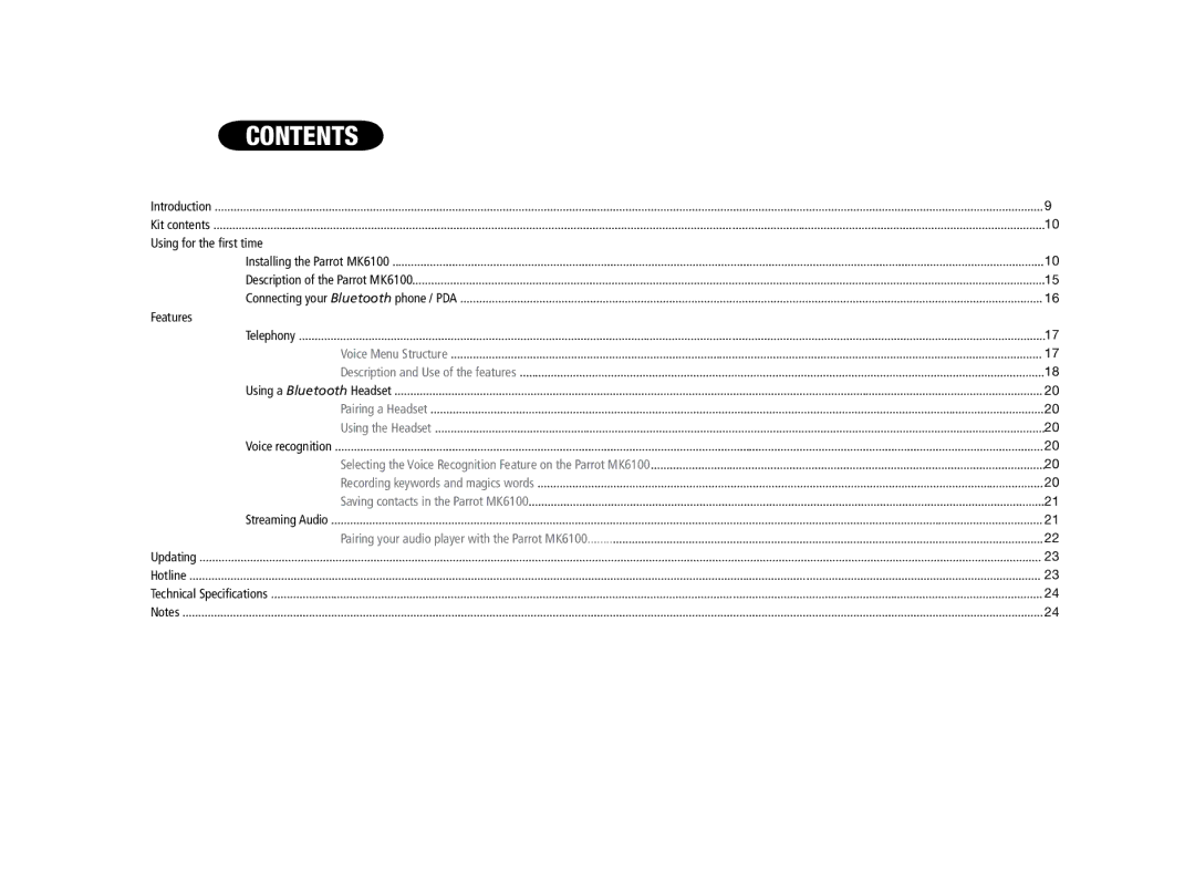 Parrot MK6100 user manual Contents 