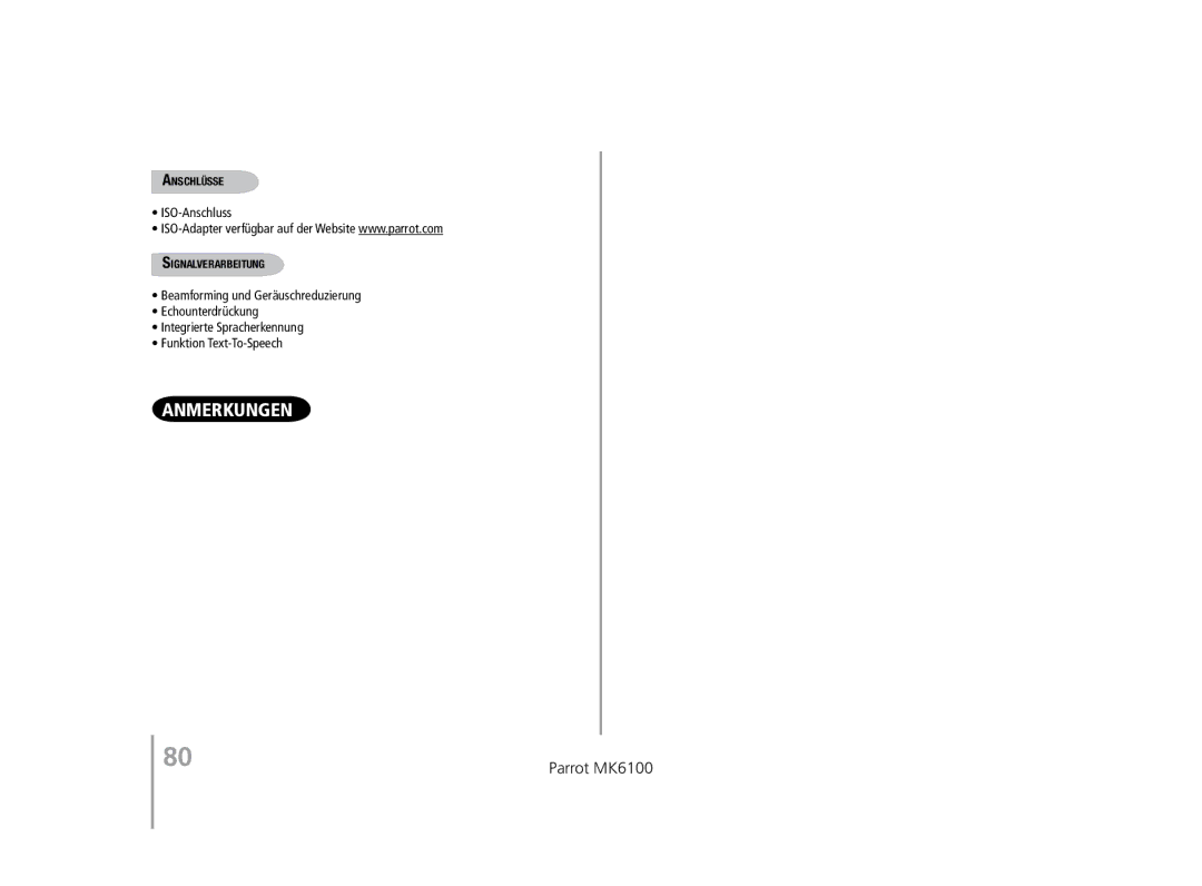 Parrot MK6100 user manual ISO-Anschluss, Anschlüsse, Signalverarbeitung 