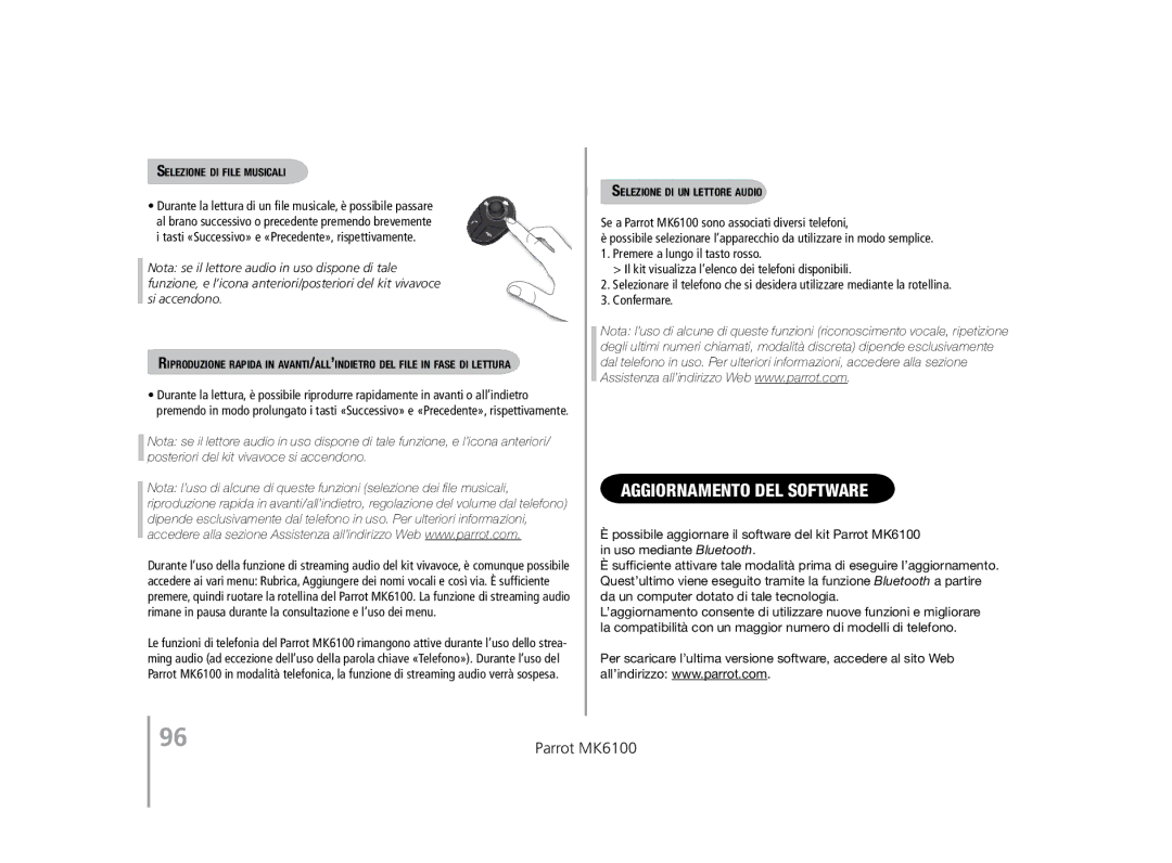 Parrot MK6100 user manual AggiornamentO del software, Selezione di file musicali, Selezione di un lettore audio 