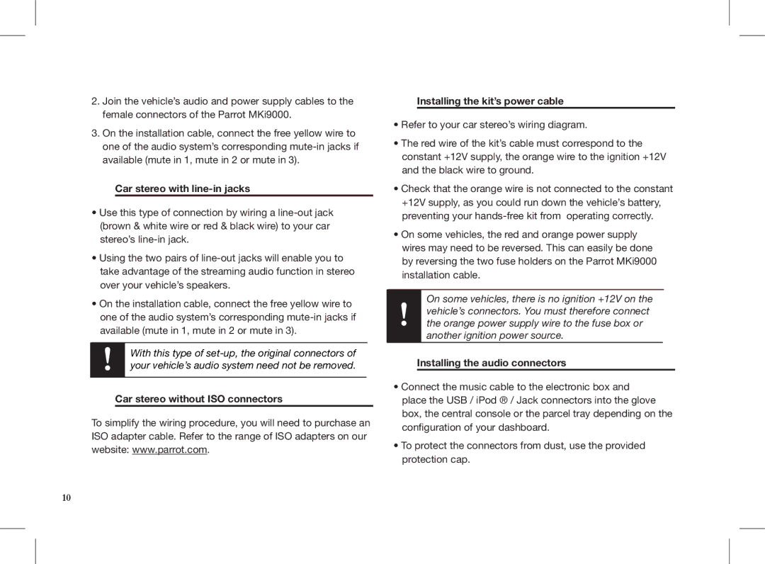 Parrot MKI9000 quick start Car stereo with line-in jacks, Installing the audio connectors 