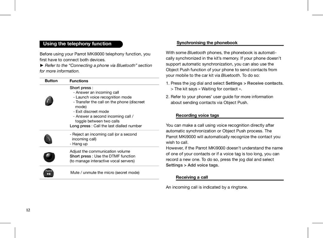 Parrot MKI9000 Using the telephony function, Synchronising the phonebook, Recording voice tags, Receiving a call 