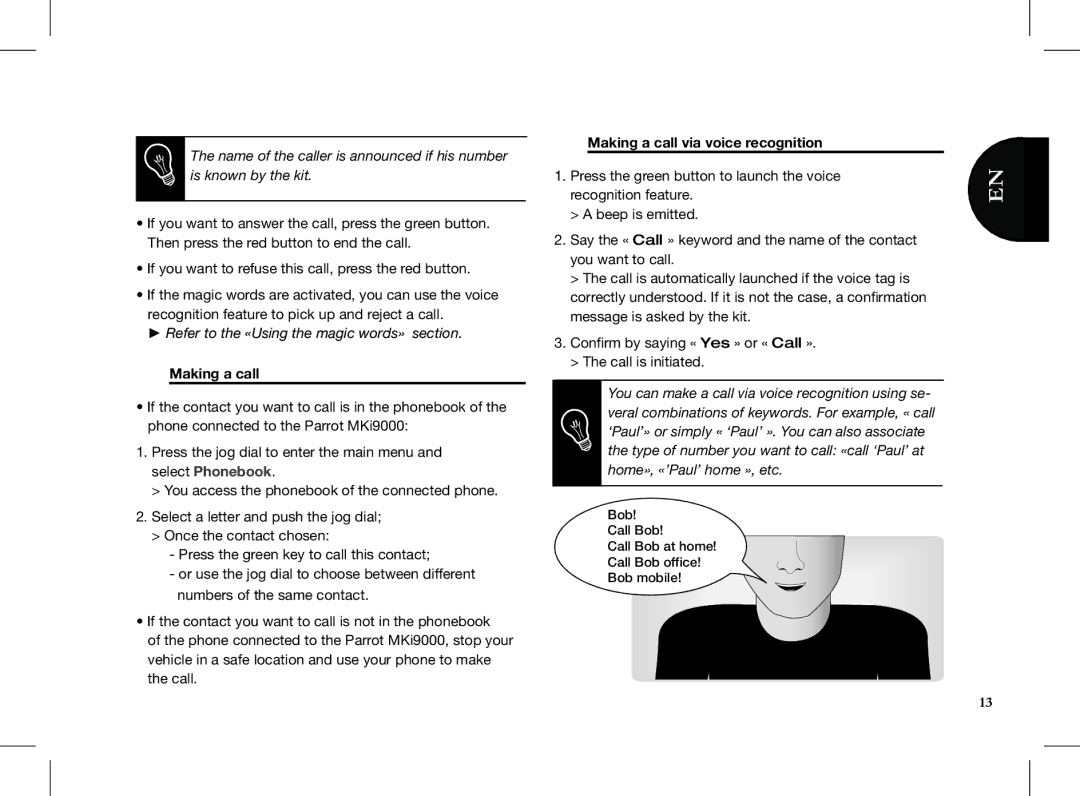 Parrot MKI9000 quick start Making a call via voice recognition 