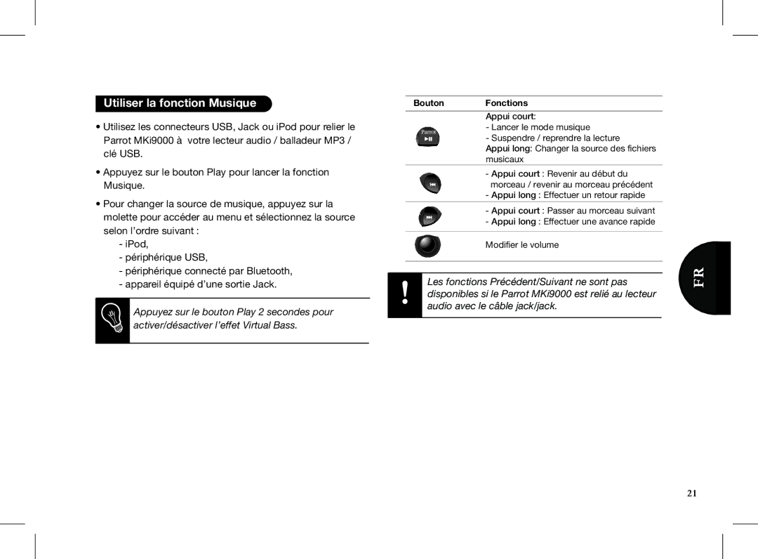 Parrot MKI9000 quick start Utiliser la fonction Musique, Bouton Fonctions 