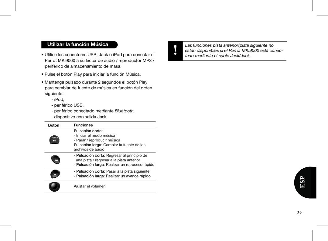 Parrot MKI9000 quick start Utilizar la función Música 