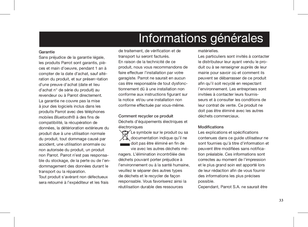 Parrot MKI9000 quick start Informations générales 