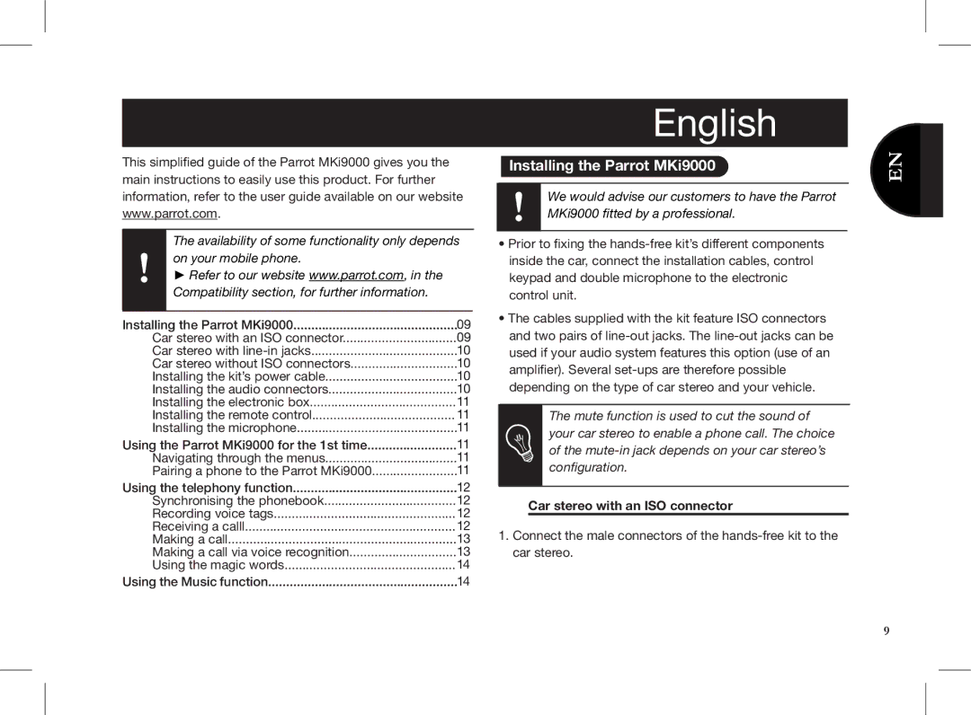 Parrot MKI9000 quick start Installing the Parrot MKi9000, Car stereo with an ISO connector 
