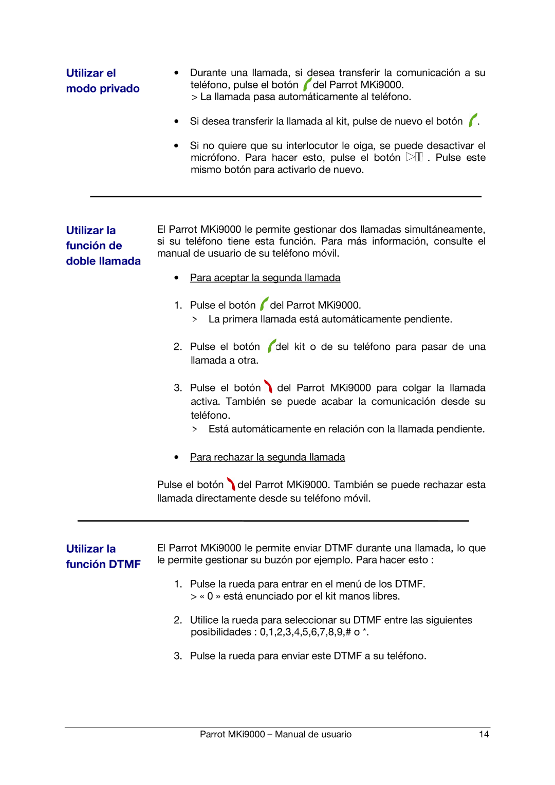 Parrot MKI9000 manual Utilizar el, Modo privado, Función de, Doble llamada, Utilizar la función Dtmf 