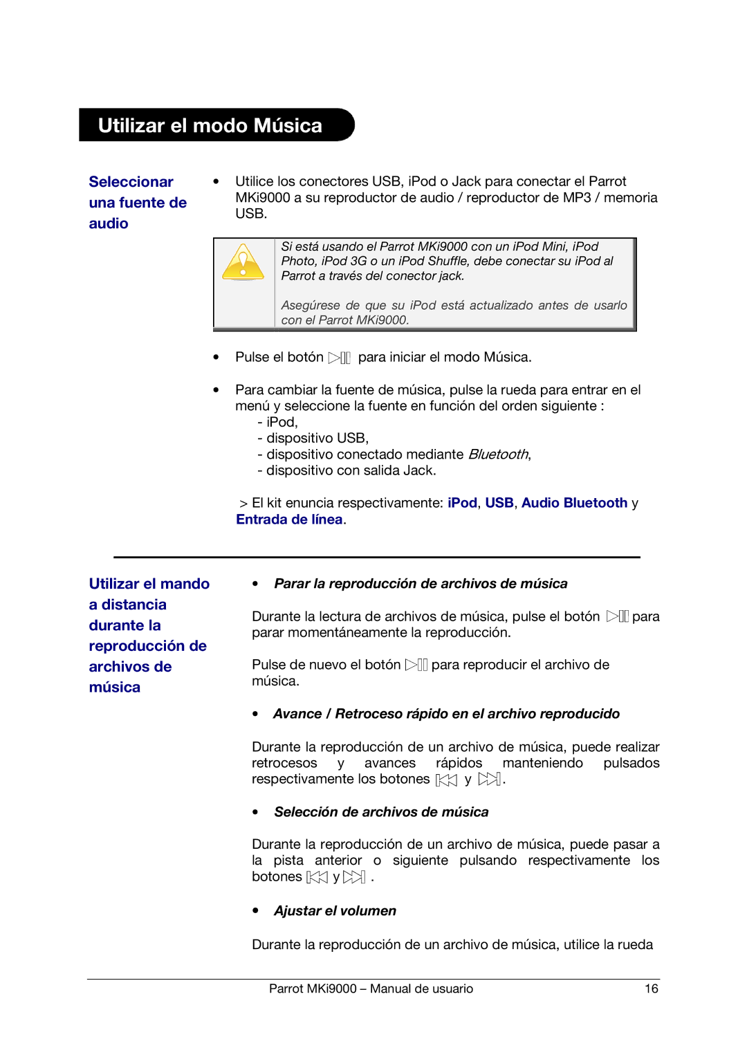Parrot MKI9000 manual Utilizar el modo Música 