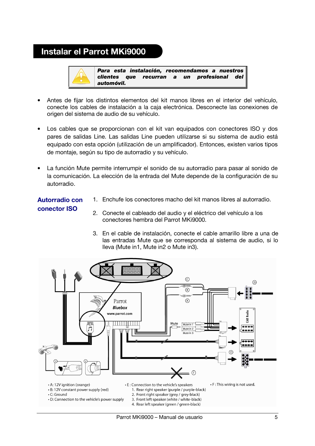 Parrot MKI9000 manual Instalar el Parrot MKi9000, Autorradio con conector ISO 