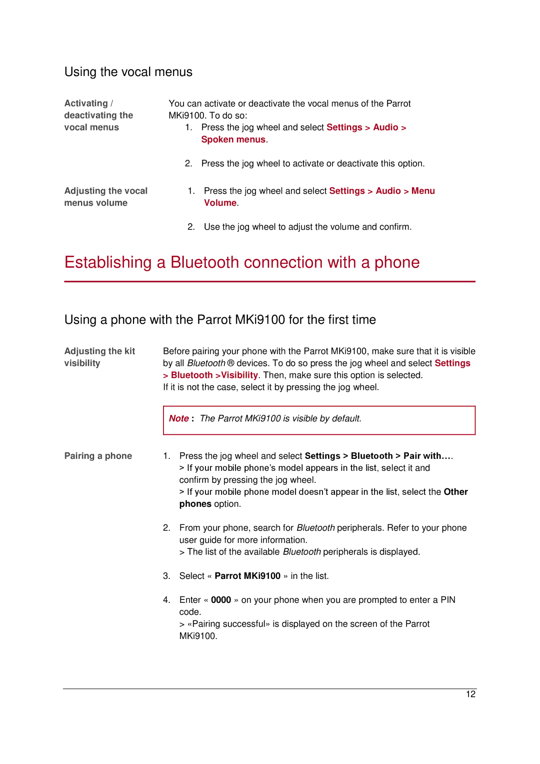 Parrot MKI9100 manual Establishing a Bluetooth connection with a phone, Using the vocal menus, Spoken menus, Volume 