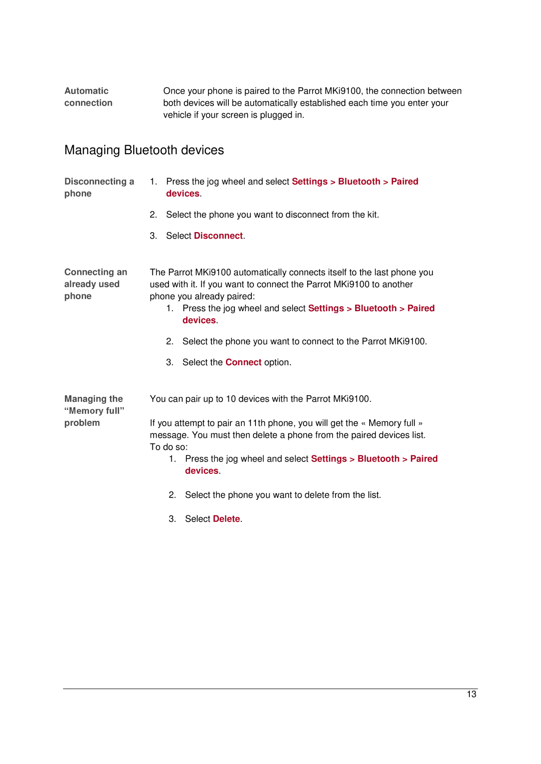 Parrot MKI9100 manual Managing Bluetooth devices, Phonedevices, Select Disconnect 
