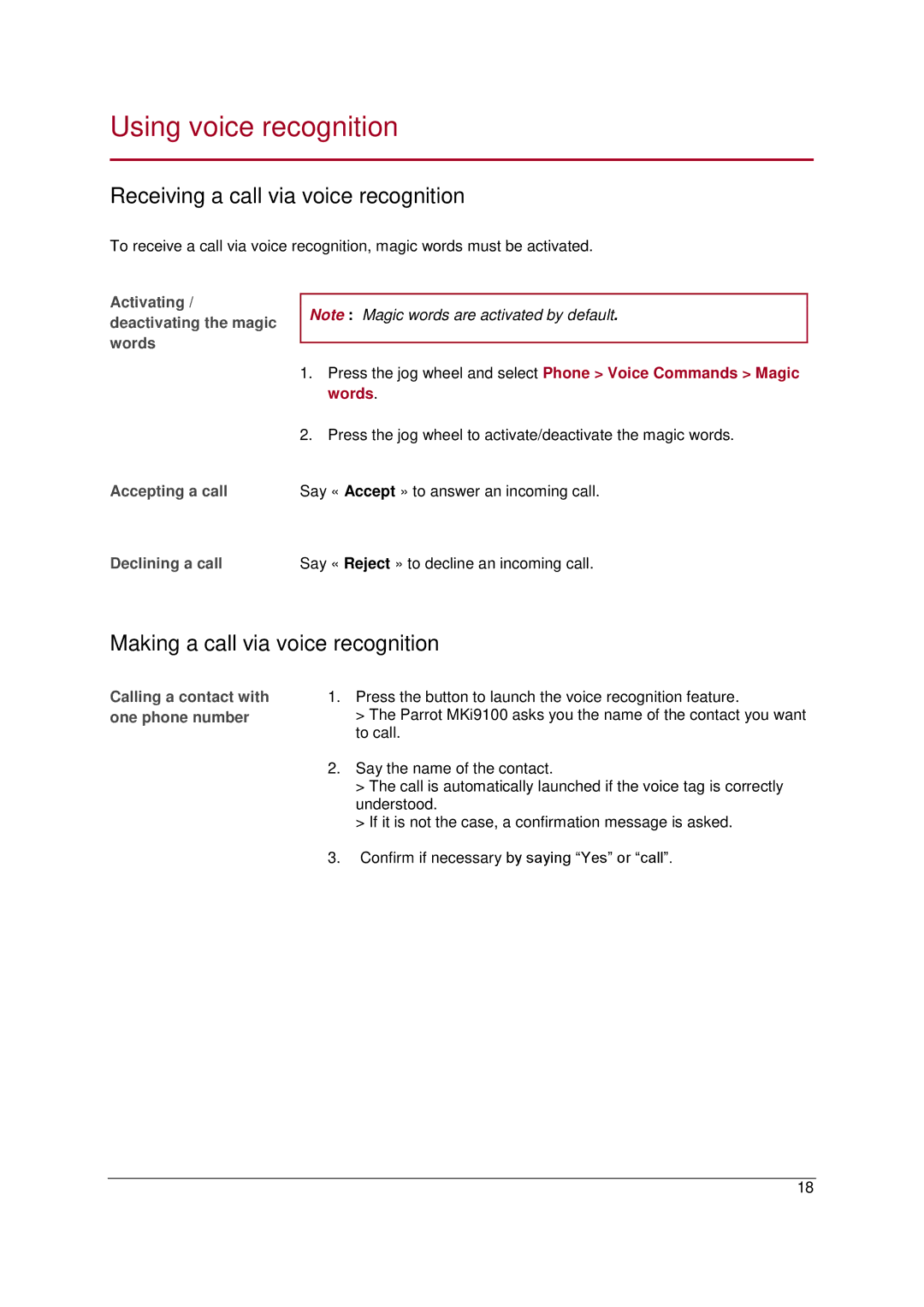 Parrot MKI9100 manual Using voice recognition, Receiving a call via voice recognition, Making a call via voice recognition 