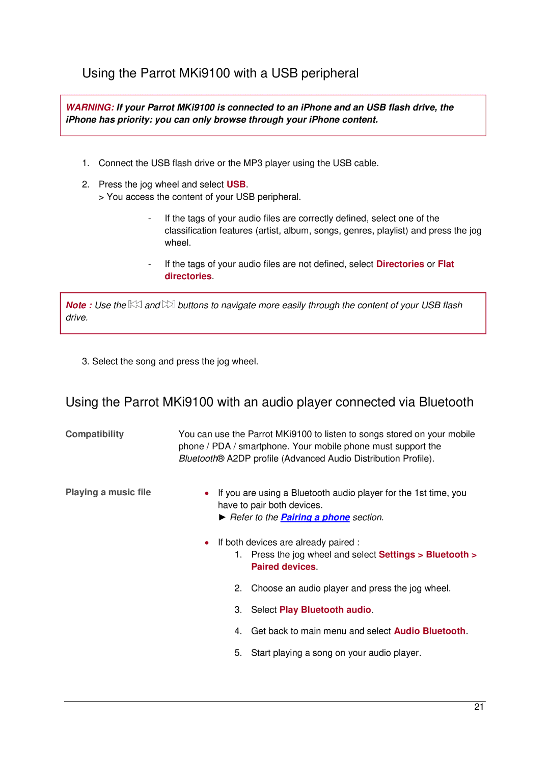 Parrot MKI9100 manual Using the Parrot MKi9100 with a USB peripheral, Playing a music file, Paired devices 