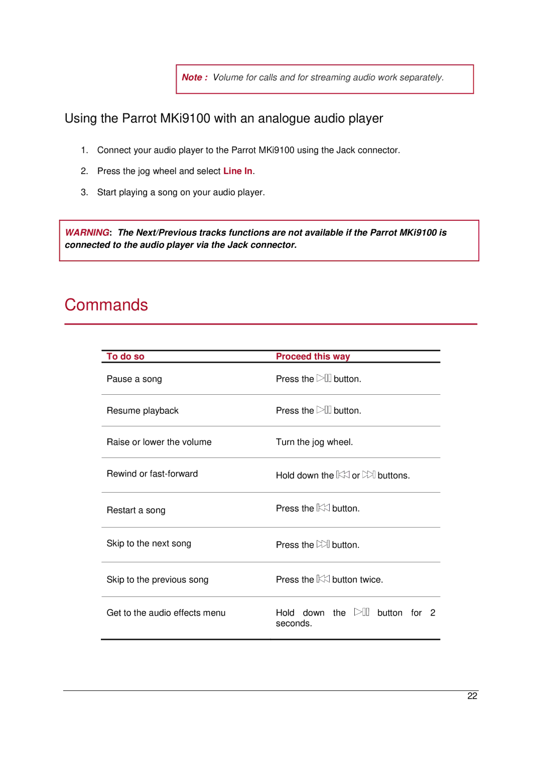 Parrot MKI9100 manual Commands, Using the Parrot MKi9100 with an analogue audio player, To do so Proceed this way 