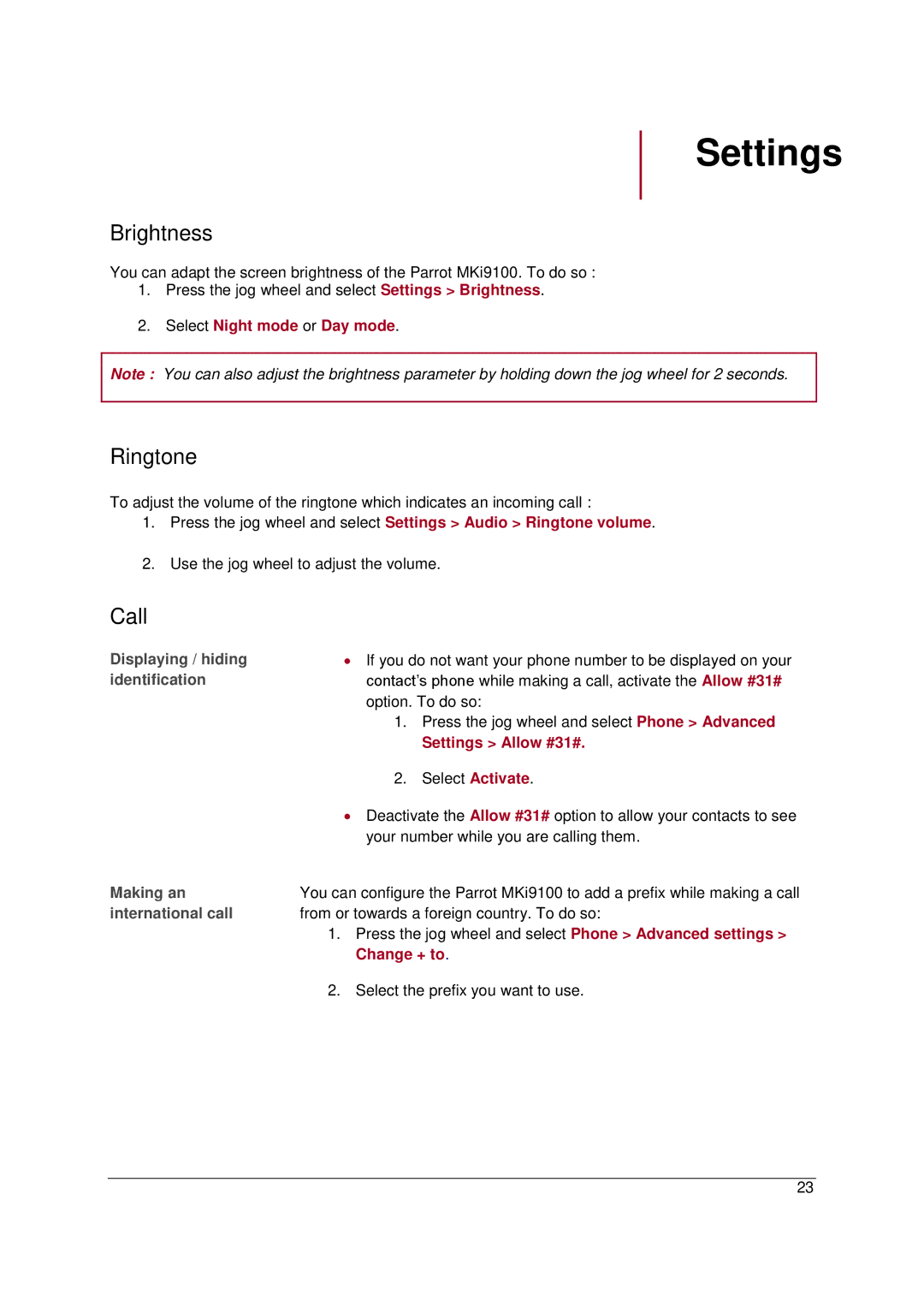 Parrot MKI9100 manual Settings, Brightness, Ringtone, Call 