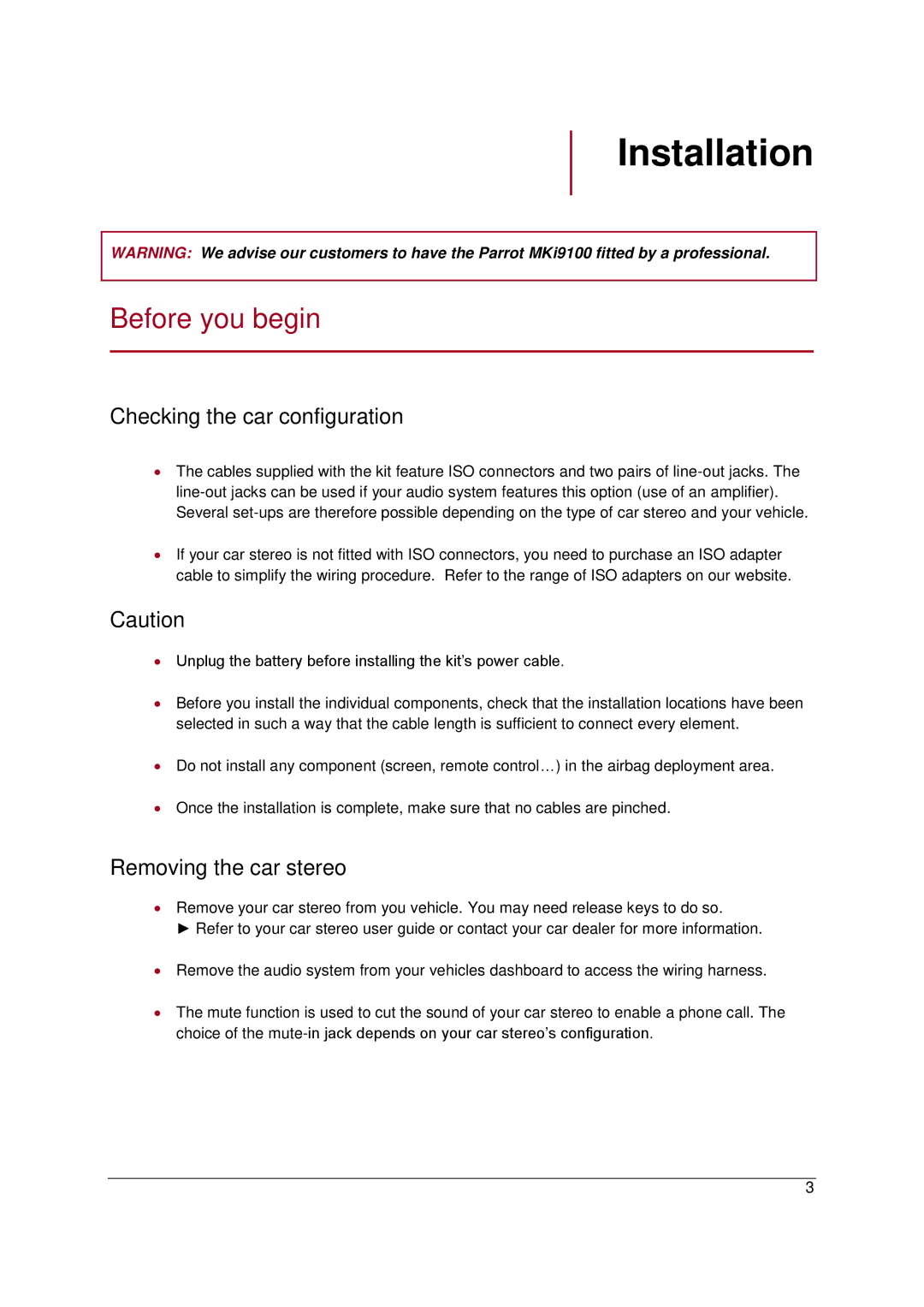 Parrot MKI9100 manual Installation, Before you begin, Checking the car configuration, Removing the car stereo 