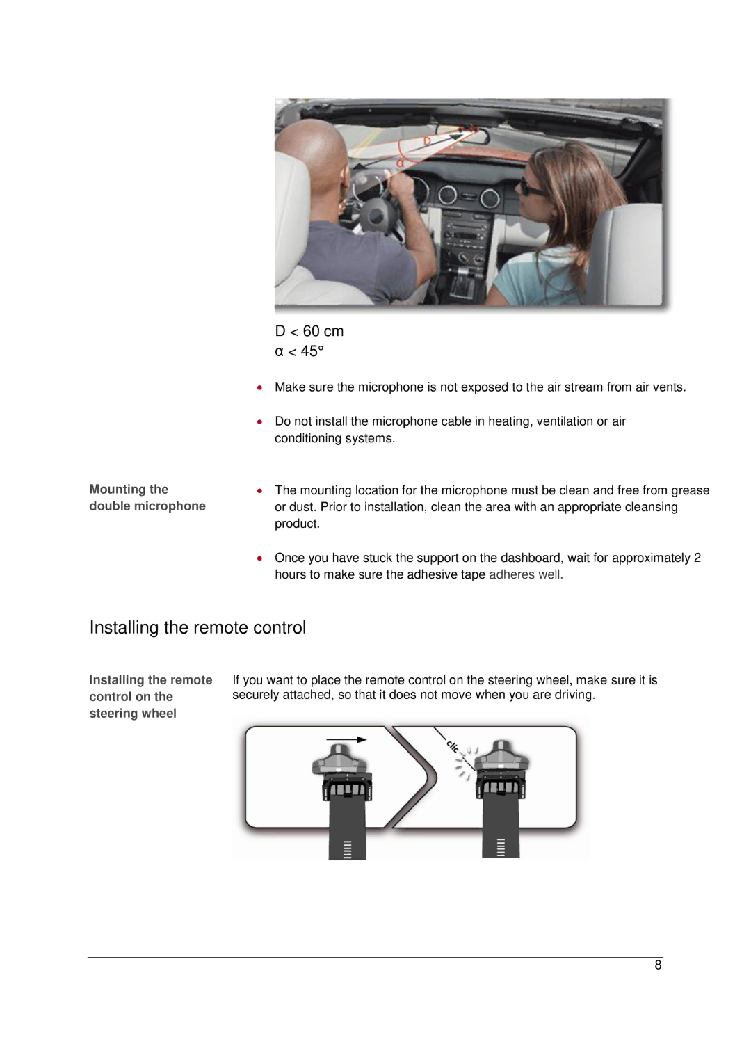 Parrot MKI9100 manual Installing the remote control, Mounting the double microphone 