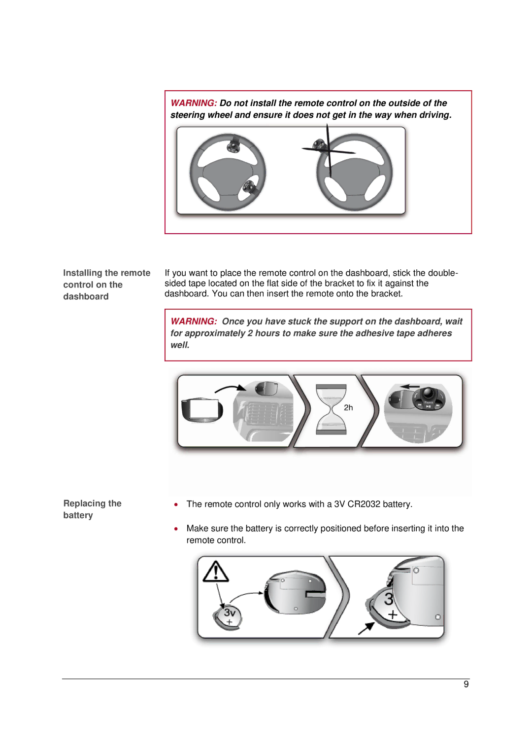 Parrot MKI9100 manual Installing the remote control on the dashboard, Replacing, Battery 