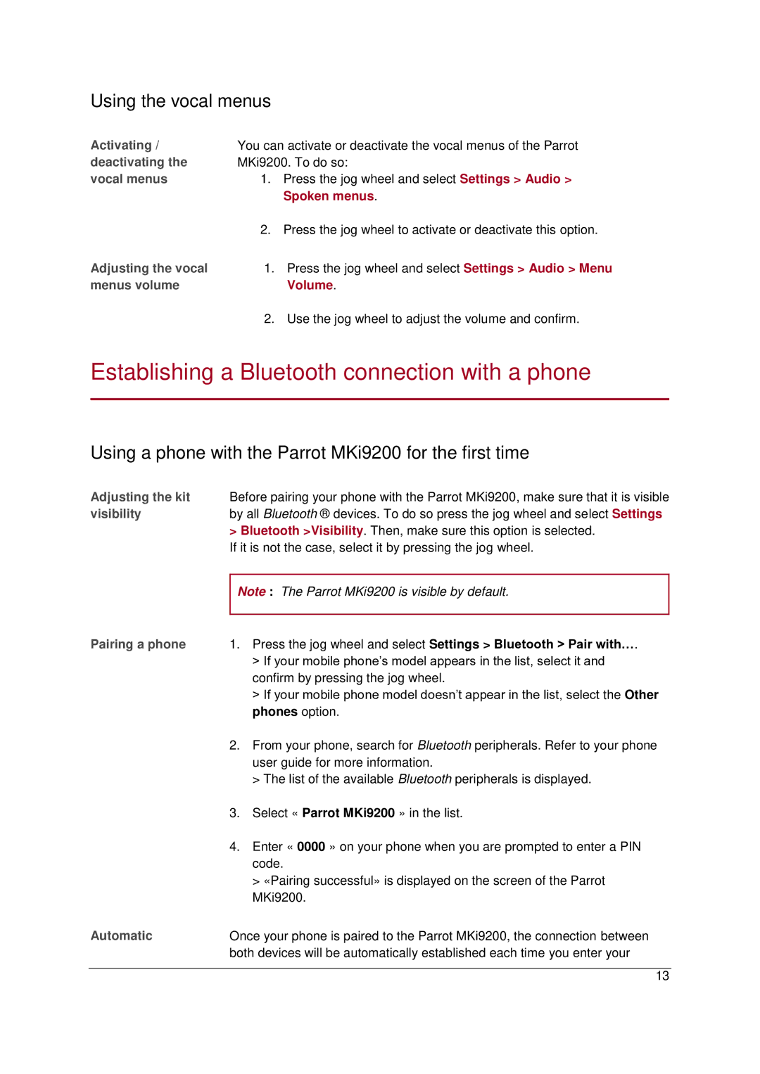 Parrot MKI9200 manual Establishing a Bluetooth connection with a phone, Using the vocal menus, Spoken menus, Volume 