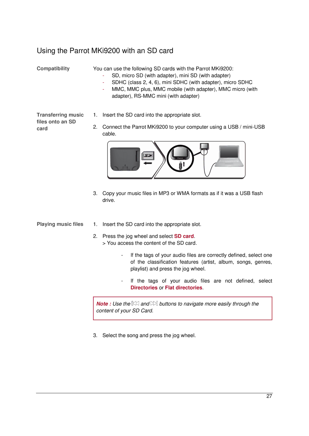 Parrot MKI9200 Using the Parrot MKi9200 with an SD card, Transferring music files onto an SD card Playing music files 