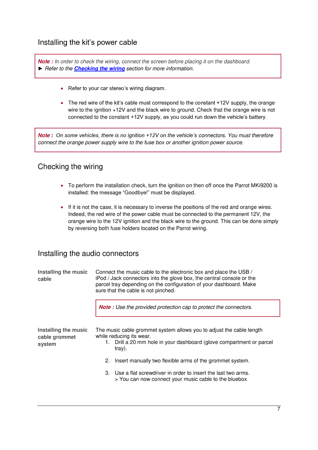 Parrot MKI9200 manual Installing the kit‟s power cable, Checking the wiring, Installing the audio connectors 