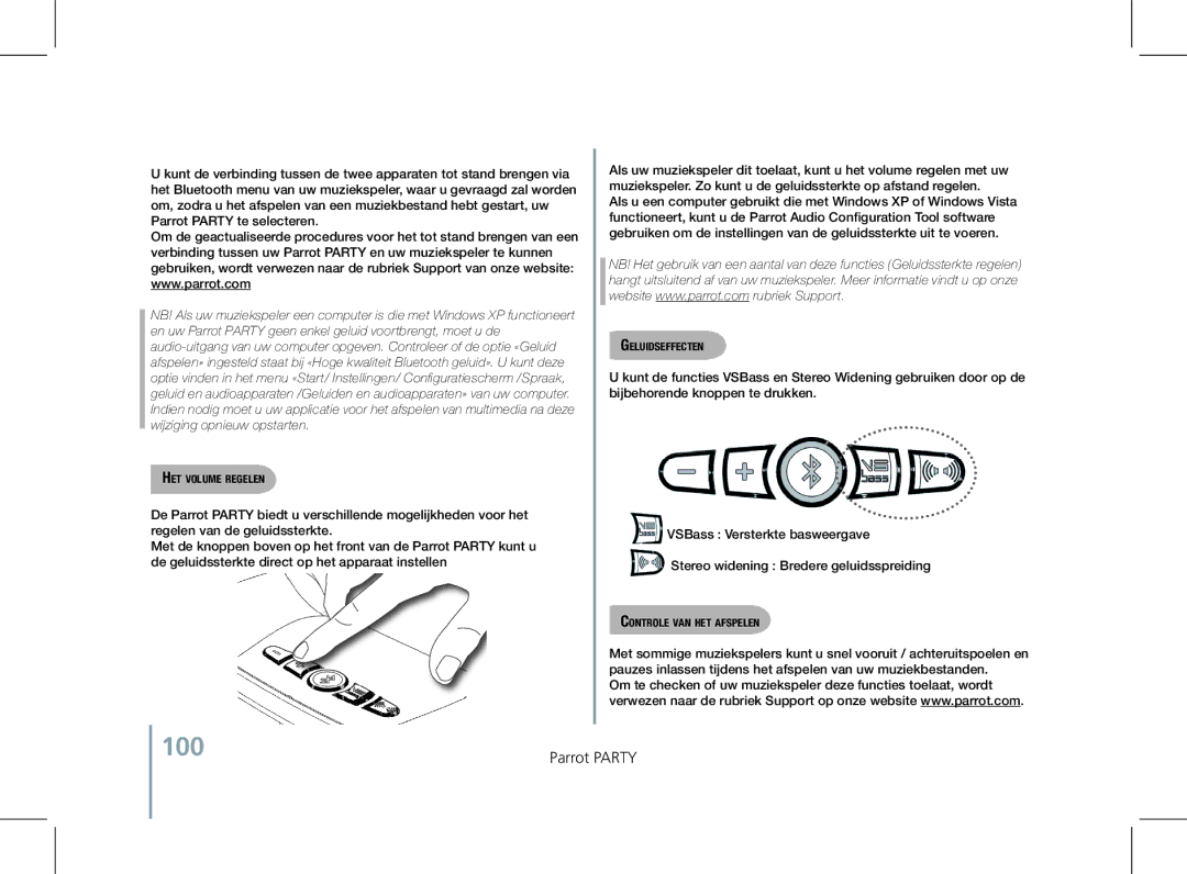 Parrot PF520130AA user manual 100, Het volume regelen, Geluidseffecten, Controle van het afspelen 