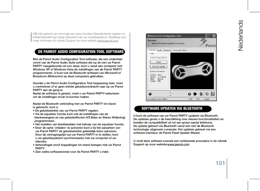 Parrot PF520130AA user manual 101, De Parrot Audio Configuration Tool software, Software updaten via Bluetooth 