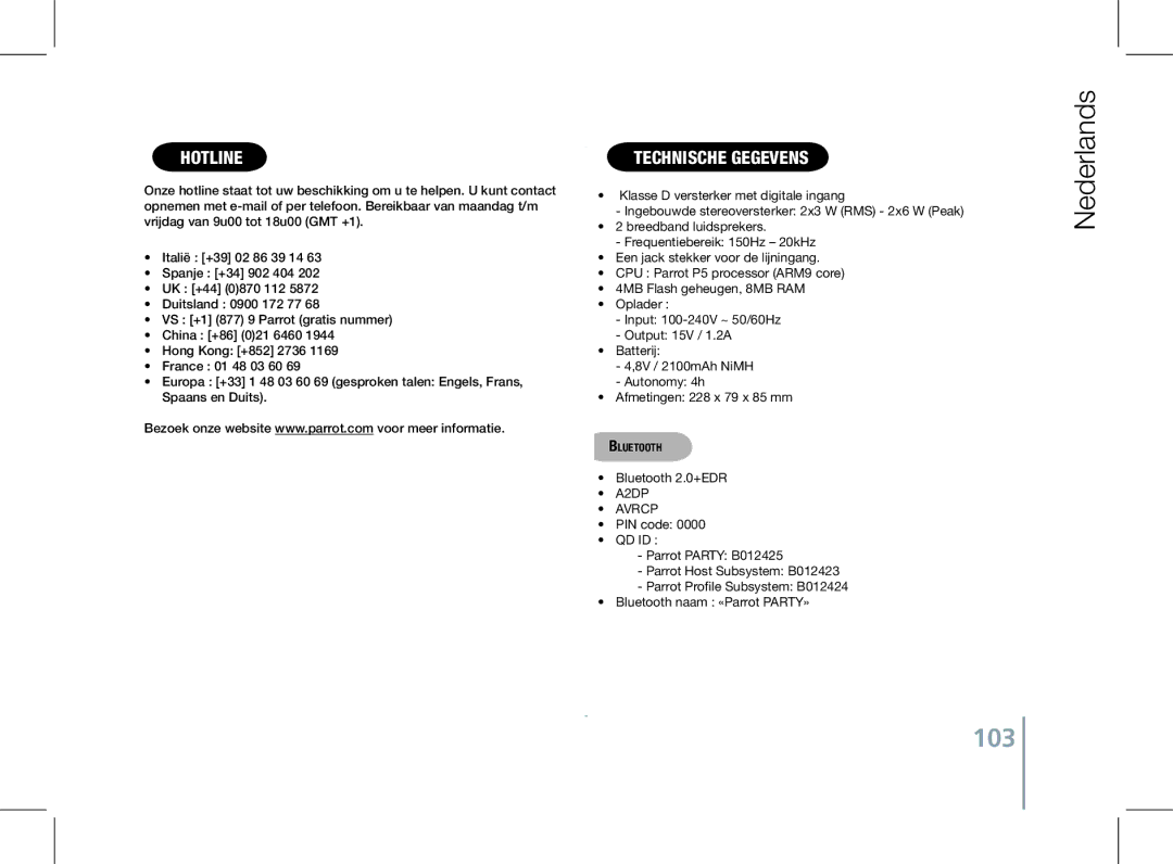 Parrot PF520130AA user manual 103, Hotline Technische gegevens 