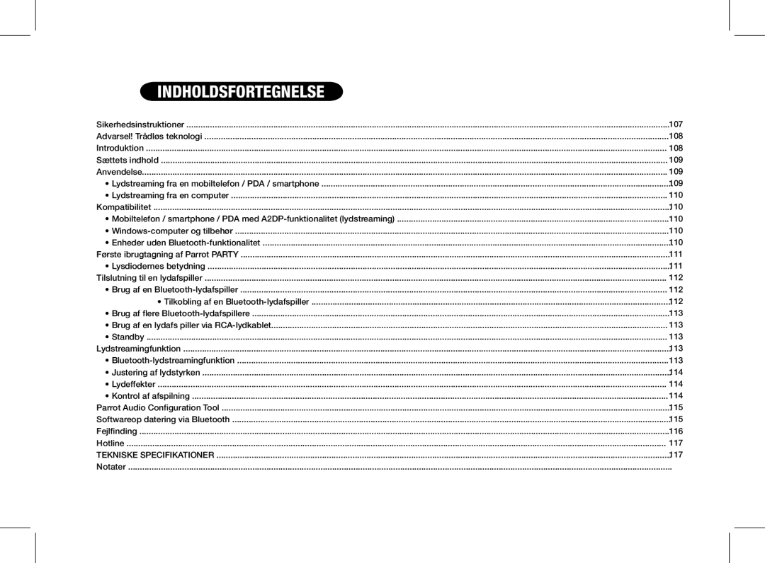 Parrot PF520130AA user manual Indholdsfortegnelse 