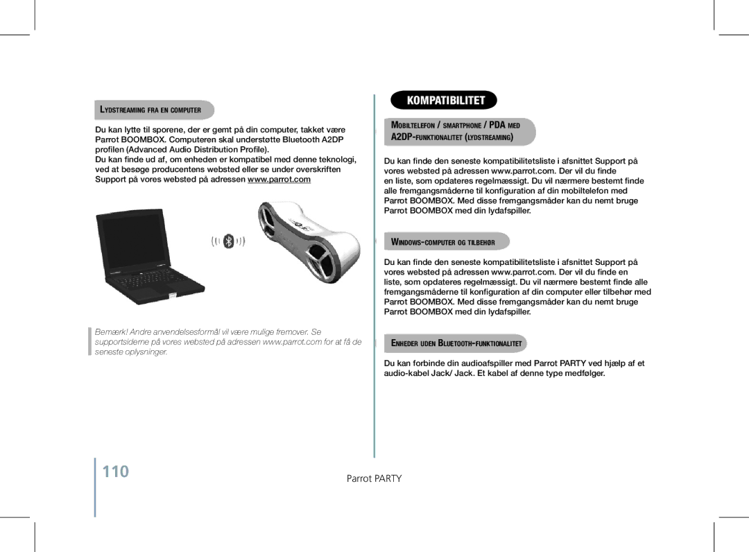 Parrot PF520130AA user manual 110, Kompatibilitet, Lydstreaming fra en computer 