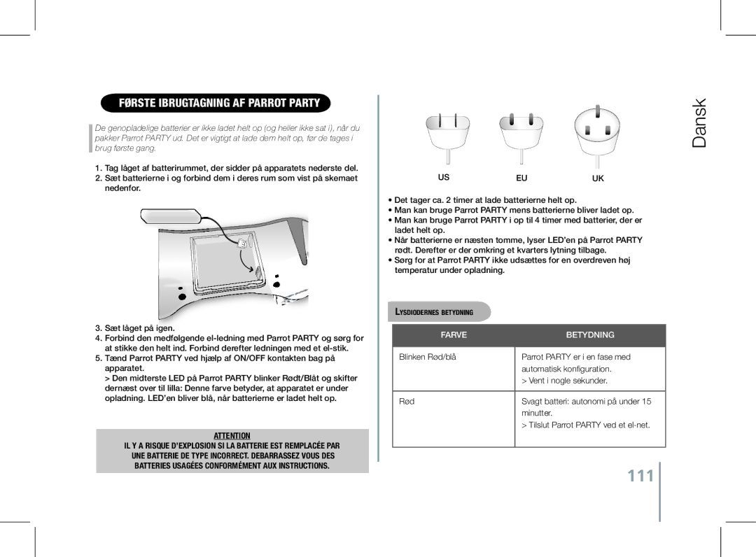 Parrot PF520130AA user manual 111, Første ibrugtagning af Parrot Party, Lysdiodernes betydning 