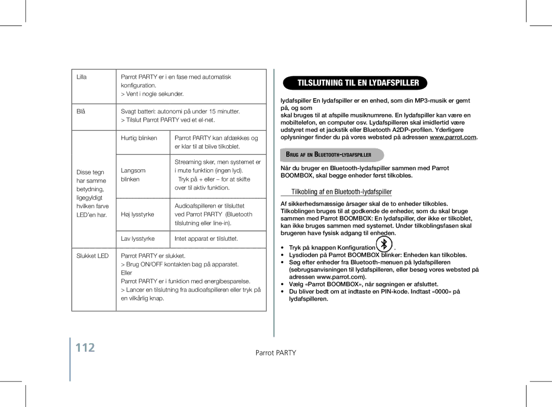 Parrot PF520130AA user manual 112, Tilslutning til en lydafspiller, Tilkobling af en Bluetooth-lydafspiller 