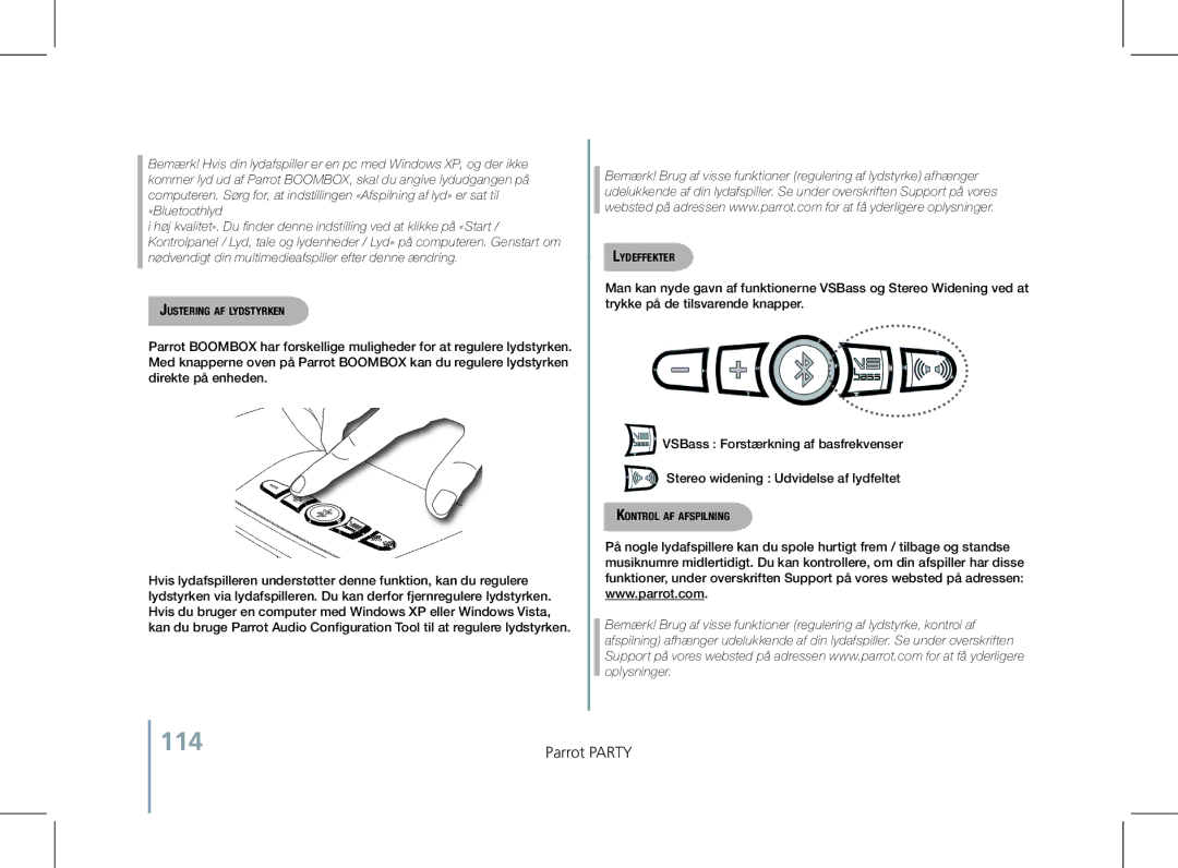 Parrot PF520130AA user manual 114, Justering af lydstyrken, Lydeffekter, Kontrol af afspilning 