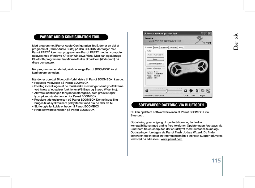 Parrot PF520130AA user manual 115, ParRot Audio Configuration Tool, Softwareop datering via Bluetooth 