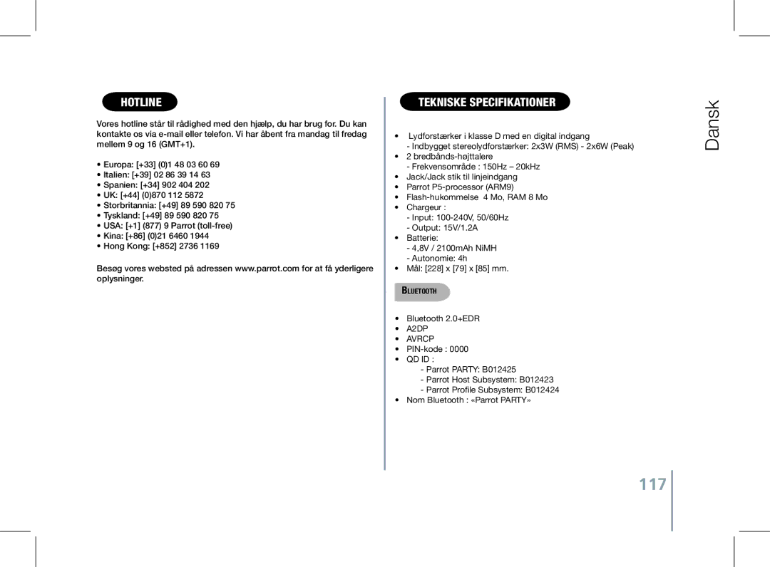 Parrot PF520130AA user manual 117, Tekniske Specifikationer 