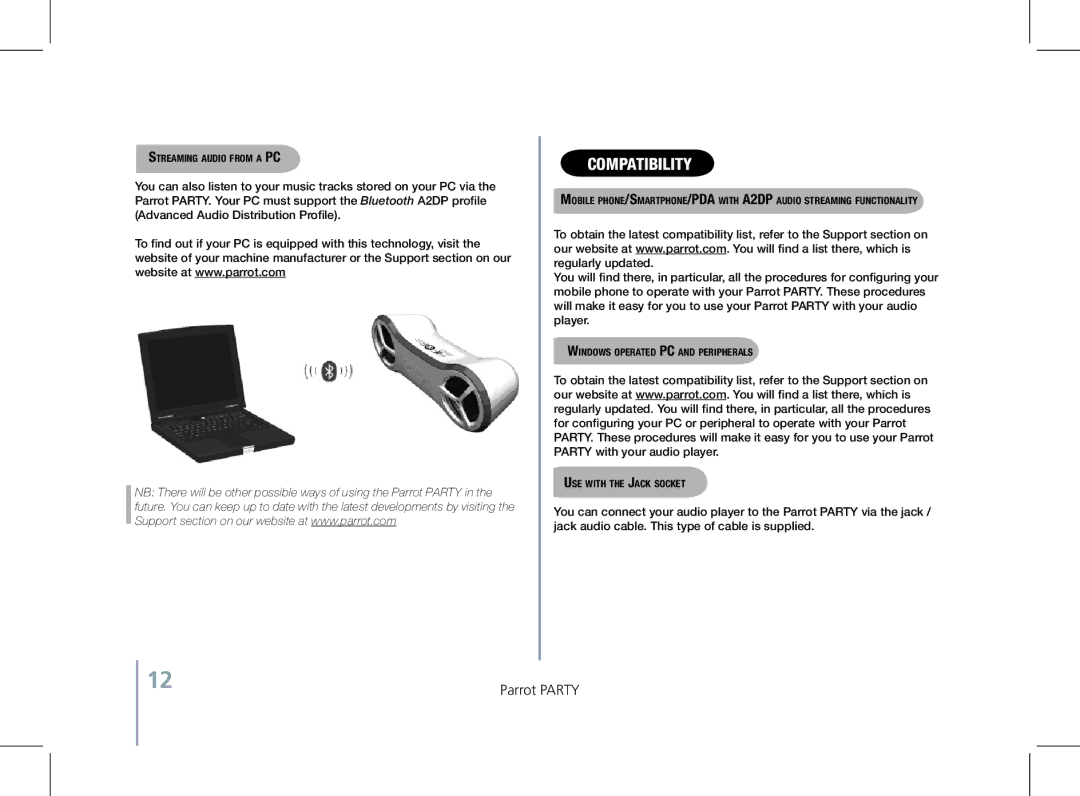 Parrot PF520130AA user manual CompatibiliTY, Streaming audio from a PC 