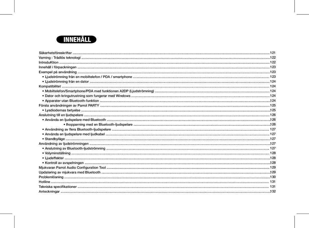 Parrot PF520130AA user manual Innehåll 