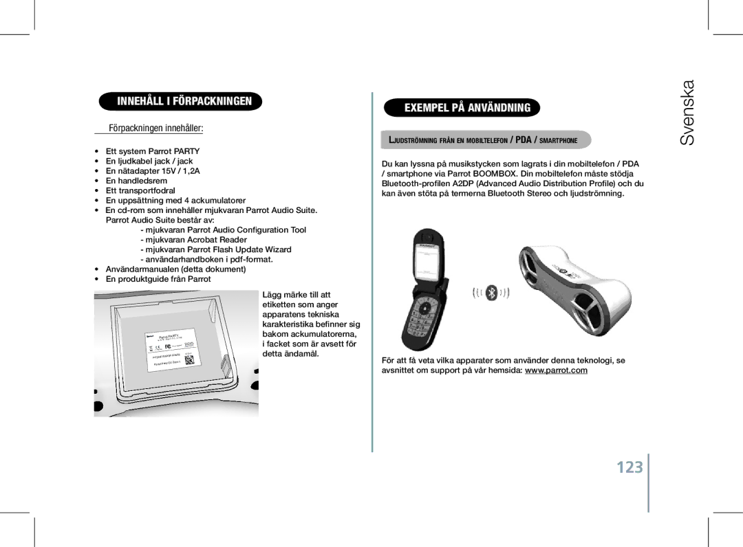 Parrot PF520130AA user manual 123, Innehåll i förpackningen, Exempel på användning, Förpackningen innehåller 