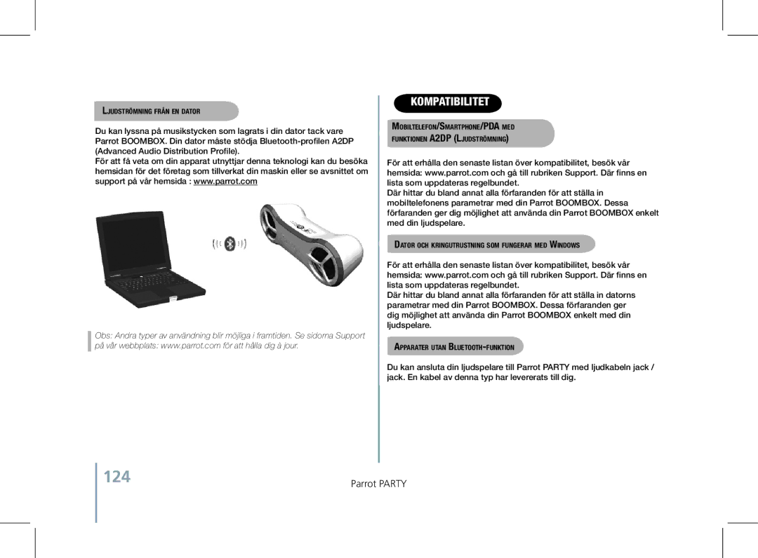 Parrot PF520130AA user manual 124, Ljudströmning från en dator, Dator och kringutrustning som fungerar med Windows 