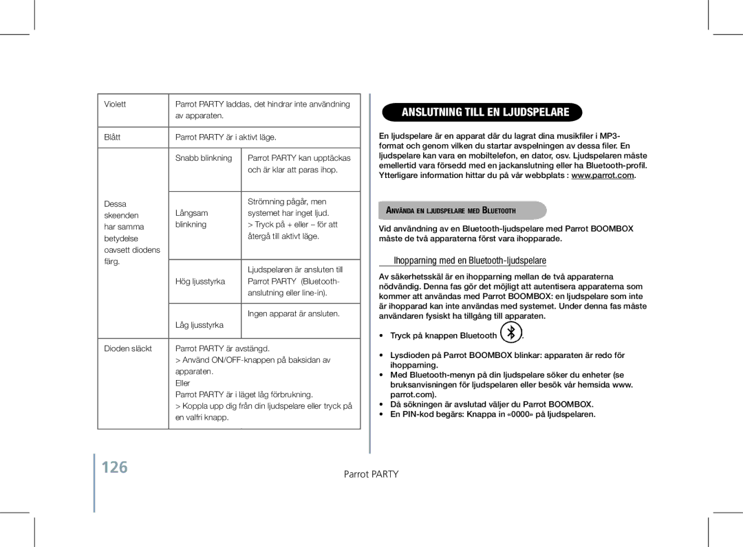 Parrot PF520130AA user manual 126, Anslutning till en ljudspelare, Ihopparning med en Bluetooth-ljudspelare 