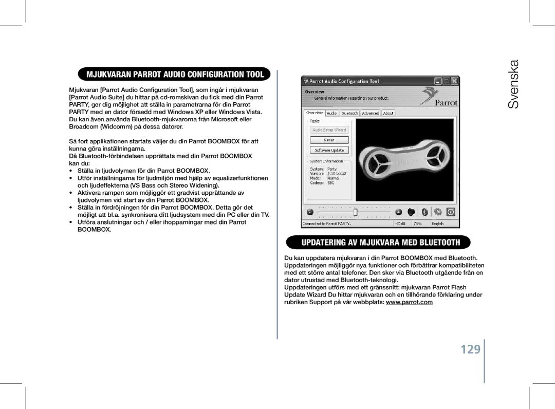 Parrot PF520130AA user manual 129, Mjukvaran Parrot Audio Configuration Tool, Updatering av mjukvara med Bluetooth 